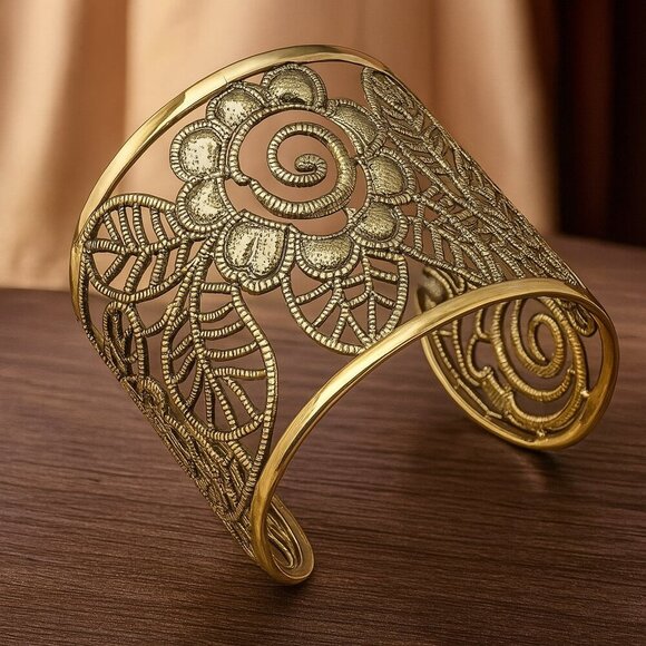 Vintage Style Trendy Boho Chic Floral Wide Cuff Bracelet Antique Gold Finish - Picture 10 of 12
